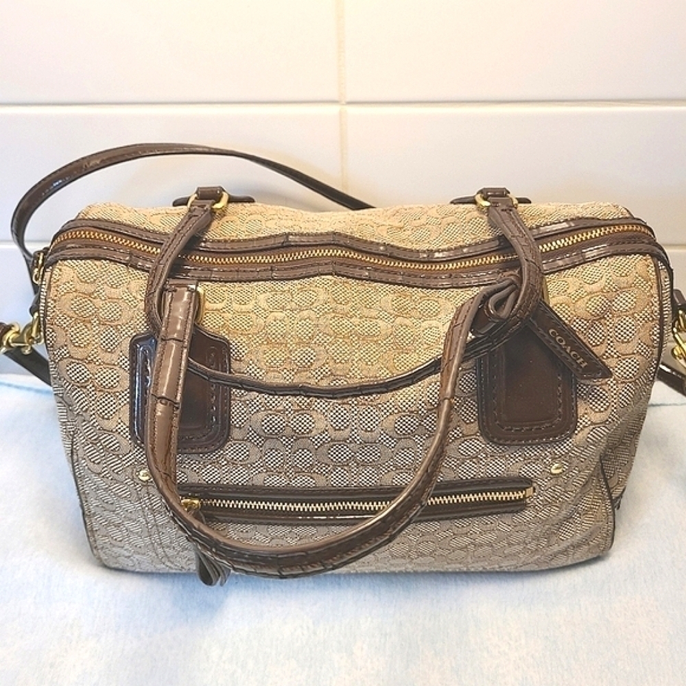 Coach Mini C Oxford Signature East West Satchel Khaki Canvas Mahogany Leather - Picture 2 of 15